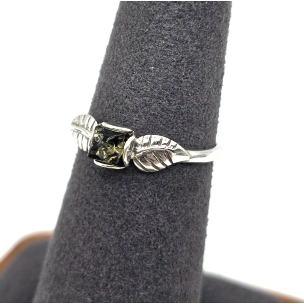 Genuine Baltic Amber Square Ring Size 6.75 Leafs Sterling Silver Handmade